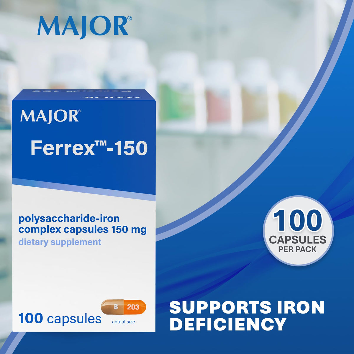 Emballage des capsules MAJOR Ferrex-150 avec informations nutritionnelles