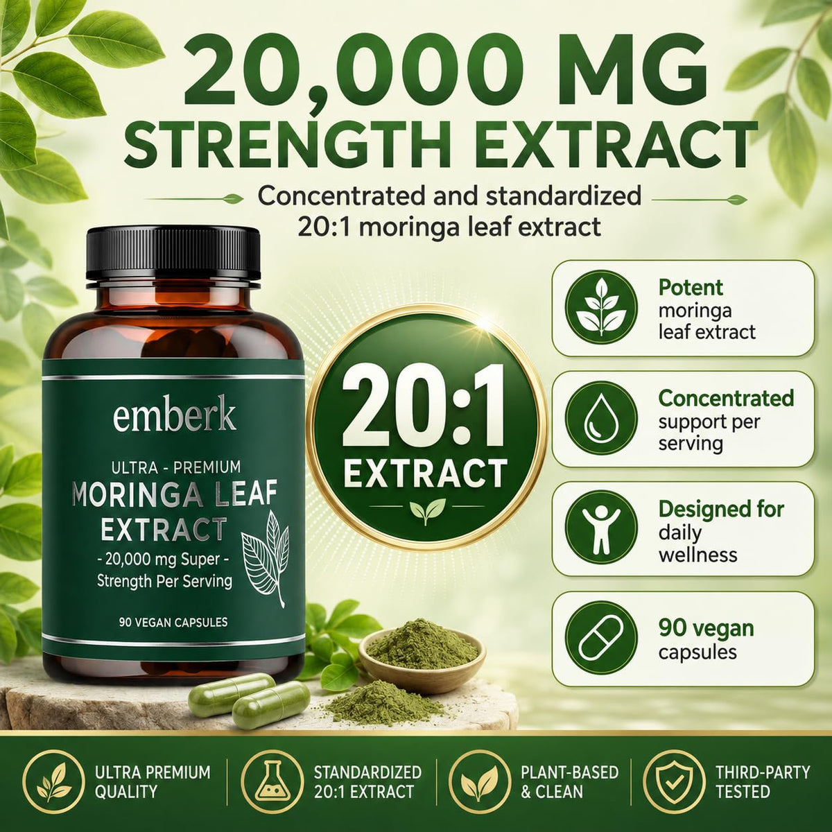 Emballage des capsules Moringa sur une table en bois