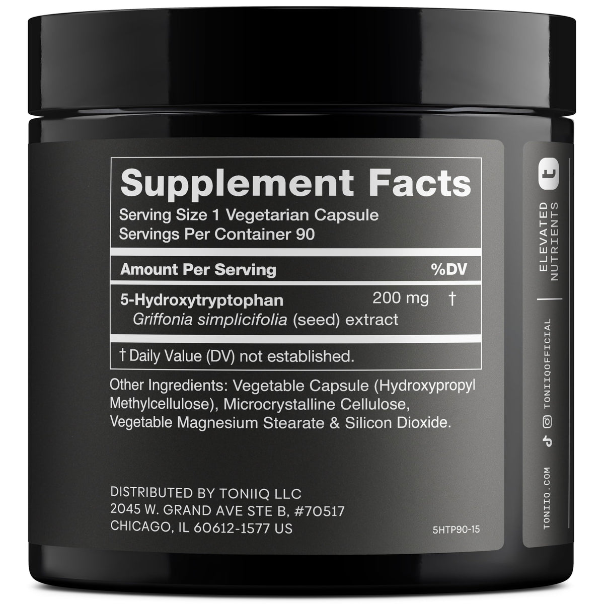 Emballage des capsules Toniiq 5-HTP avec informations sur la pureté