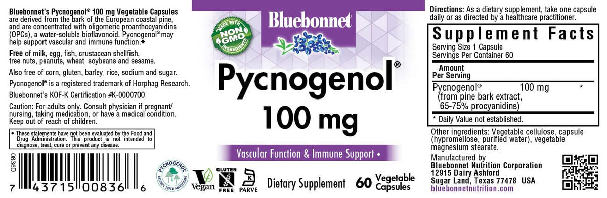 Emballage des capsules végétales Pycnogenol BlueBonnet, informations nutritionnelles