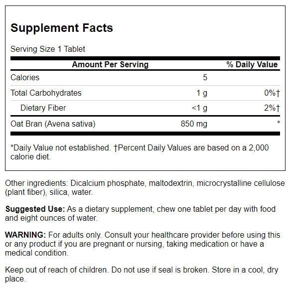 Emballage des comprimés à mâcher Swanson Oat Bran 850 mg