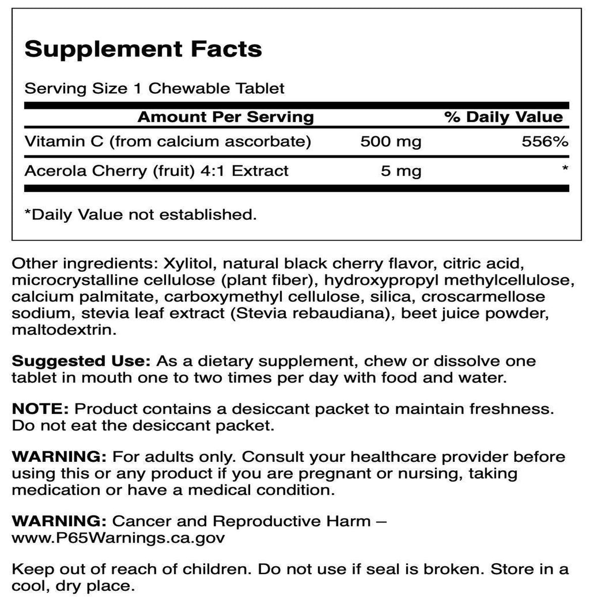 Emballage des comprimés à mâcher Vitamine C Cerise de Swanson