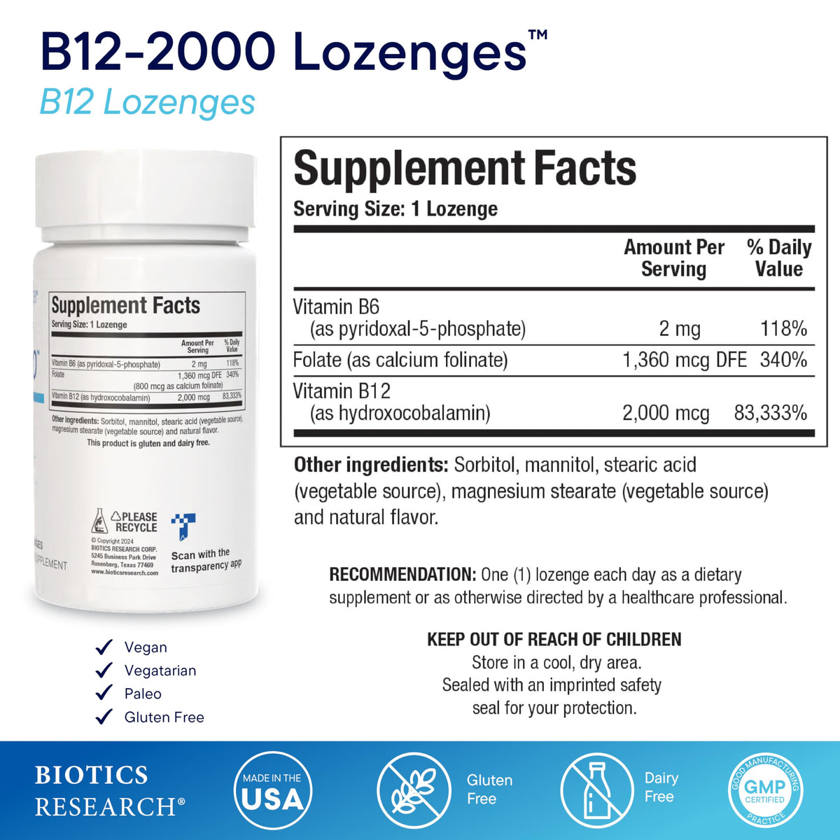 Emballage des comprimés B12-2000™ de BIOTICS RESEARCH