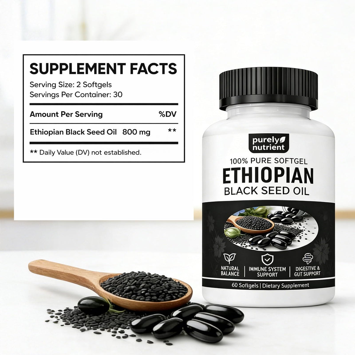 Emballage des gélules d'huile de graines noires éthiopiennes PURELYNUTRIENT