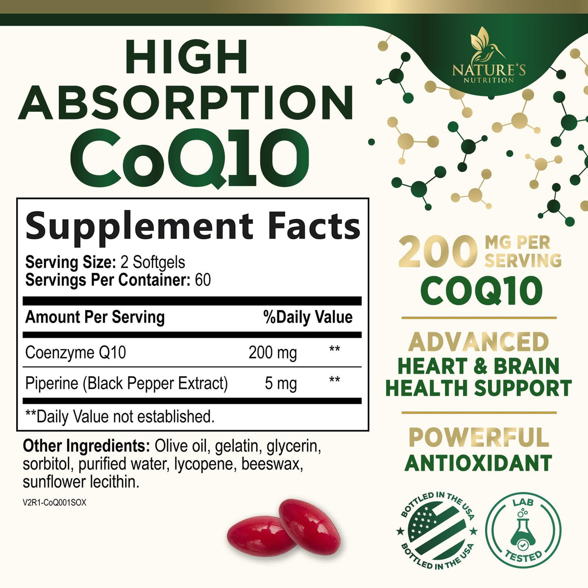 Emballage des gélules de CoQ10 Nature's Nutrition