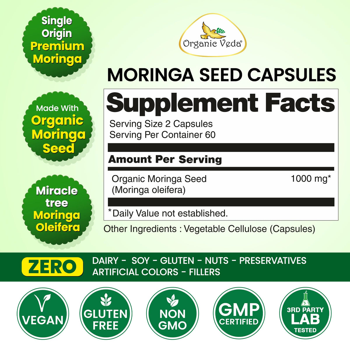 Emballage des gélules de graines de Moringa Organic Veda