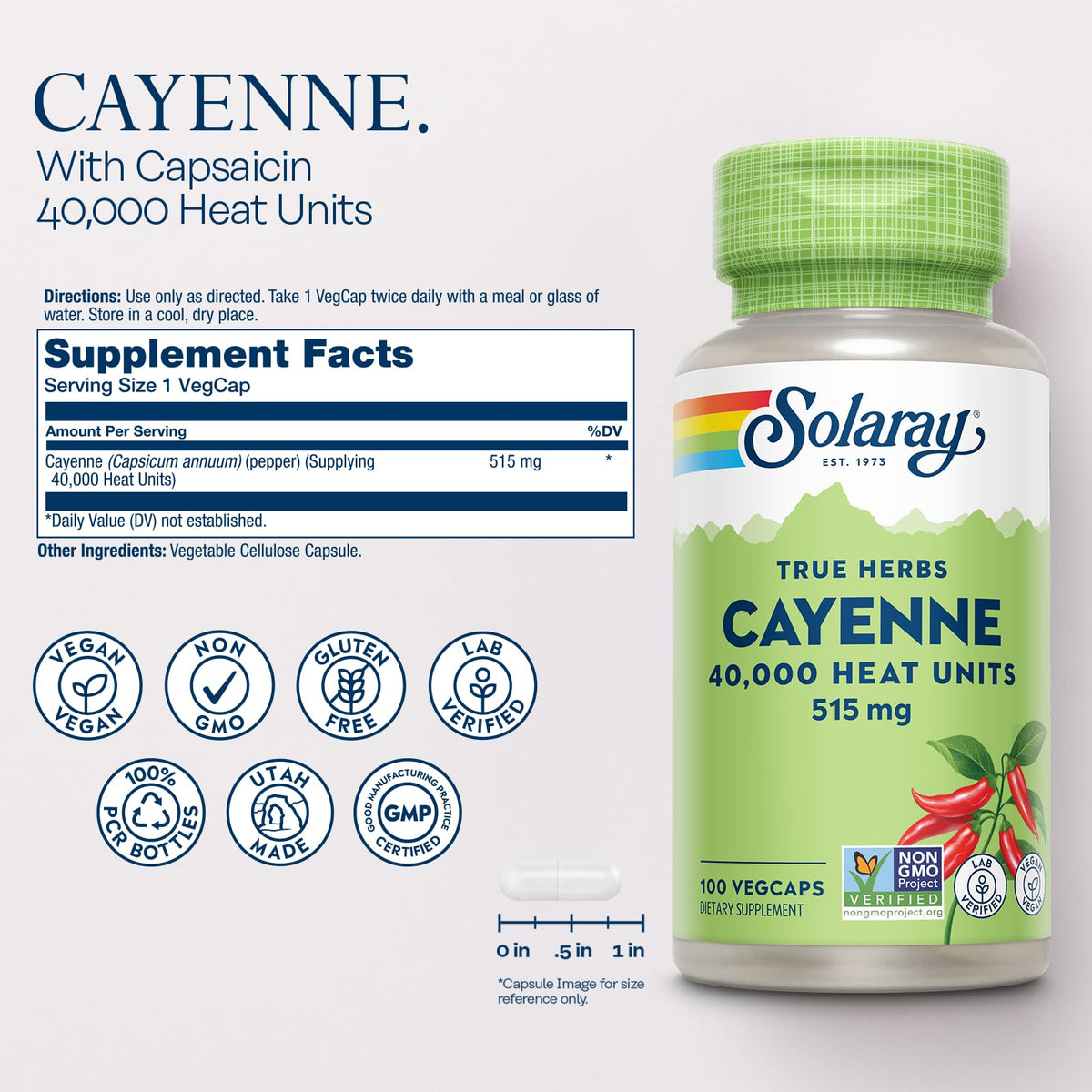 Emballage des gélules de poivre de Cayenne Solaray, vue arrière