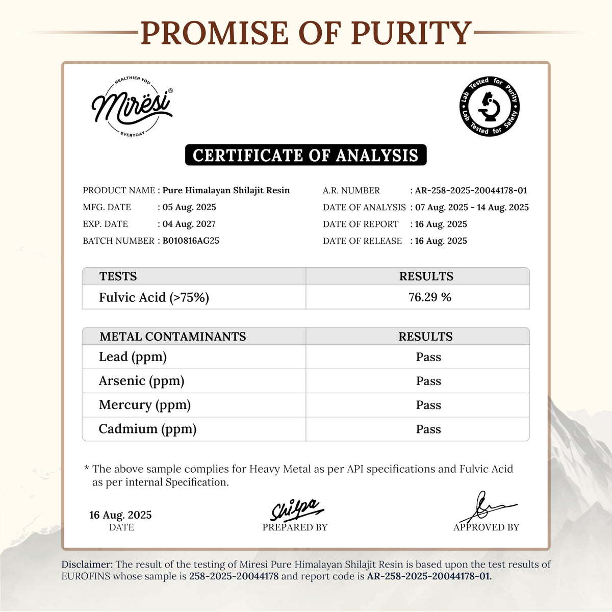 Emballage des gélules de Shilajit Miresi, informations nutritionnelles au dos