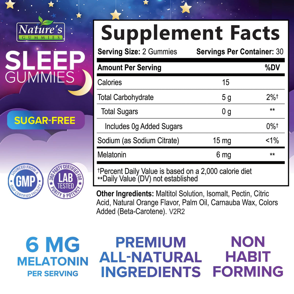 Emballage des gélules de sommeil Nature's Gummies avec étiquette orange