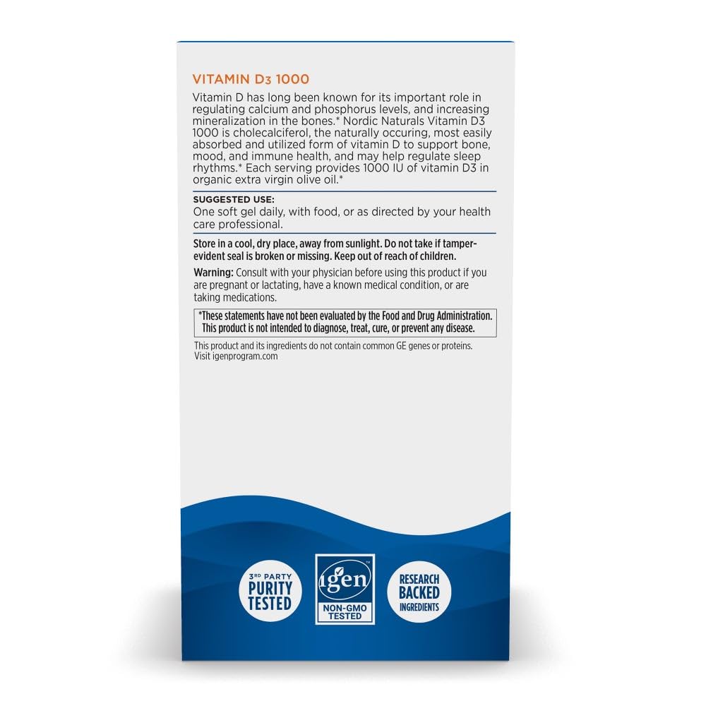 Emballage des gélules de Vitamine D3 Nordic Naturals avec informations nutritionnelles
