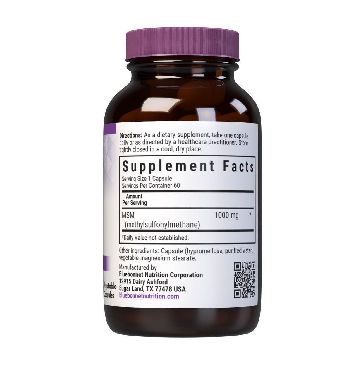 Emballage des gélules végétales BlueBonnet MSM 1000 mg vue de côté