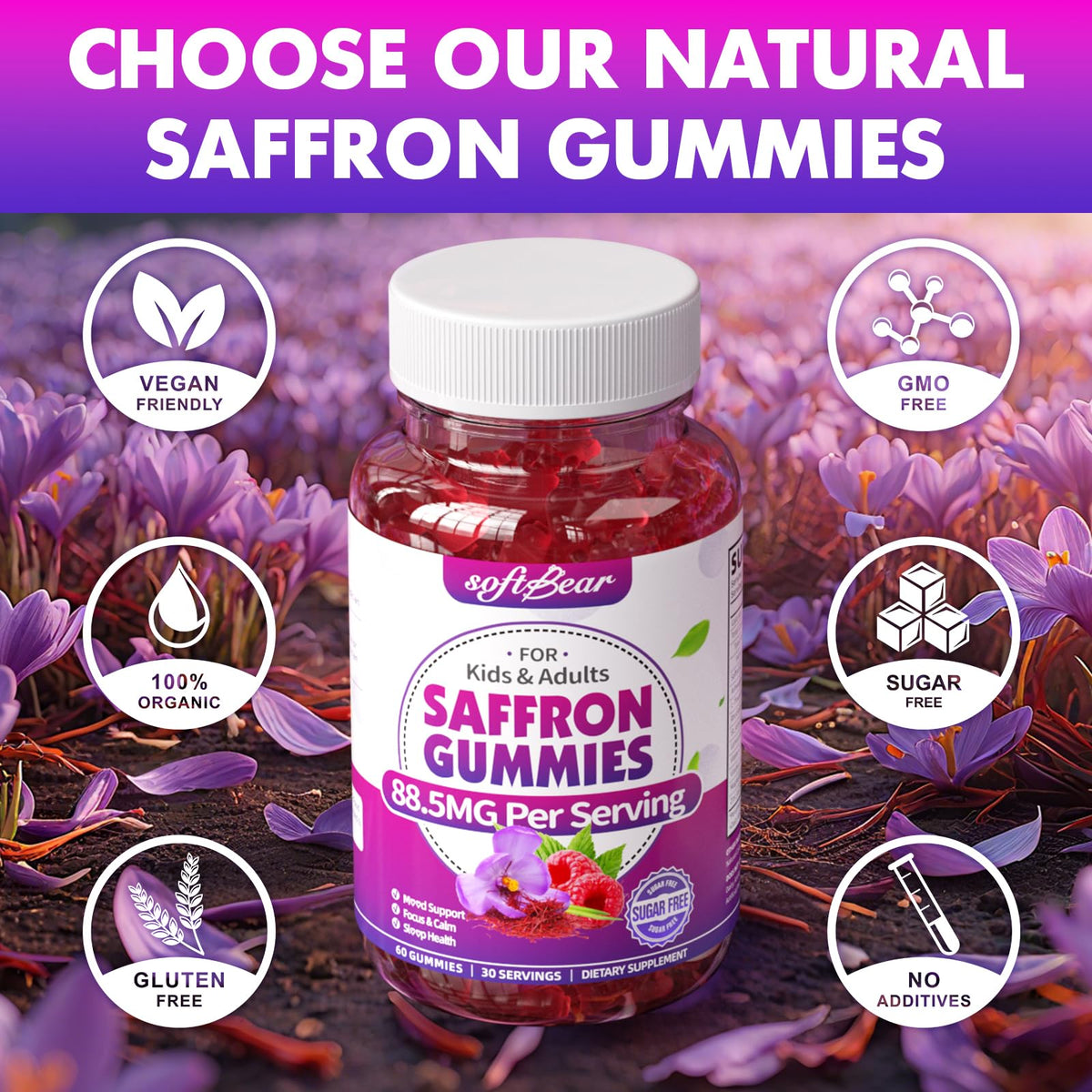 Emballage des gommes au safran softbear sur fond blanc
