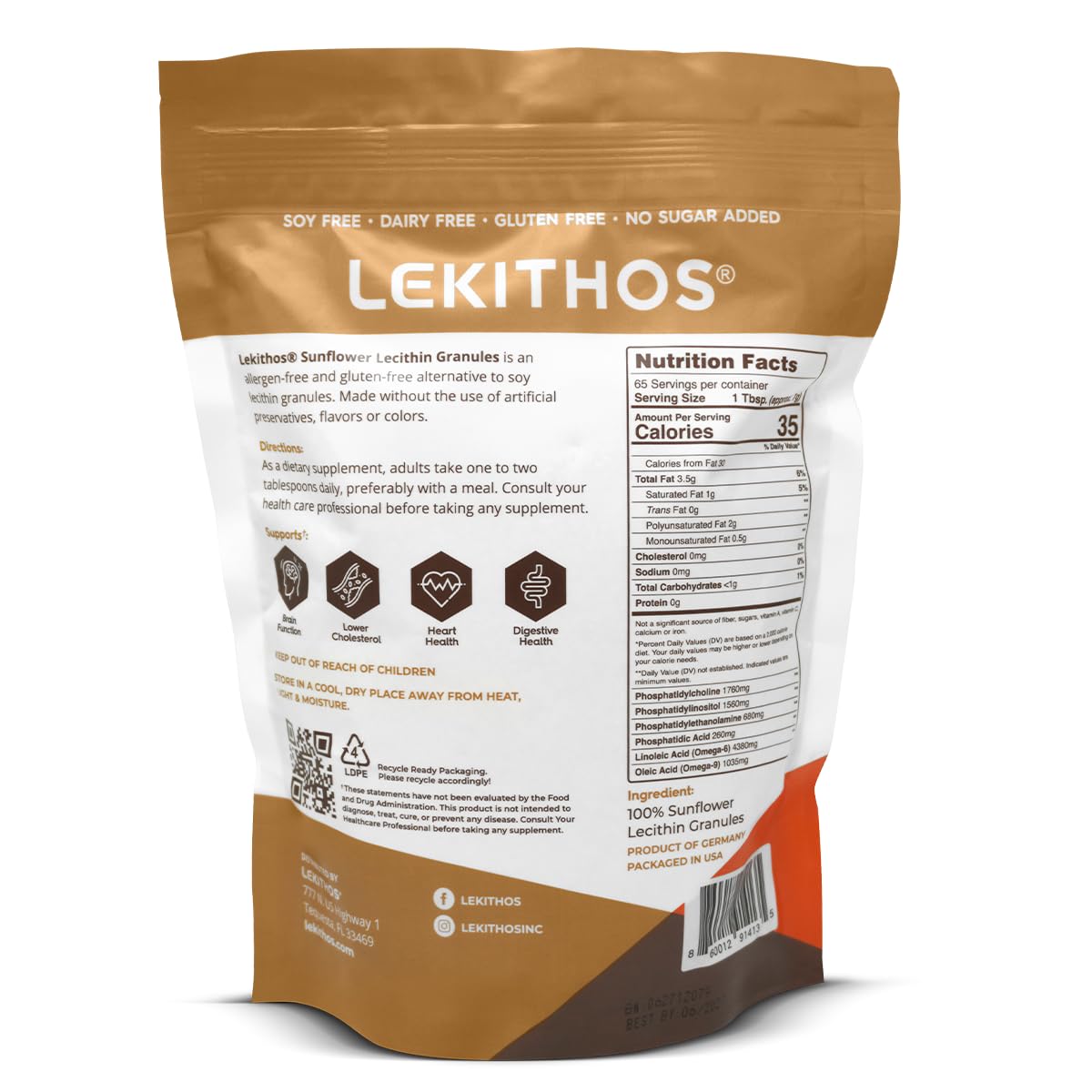 Emballage des granulés de lécithine de tournesol Lekithos 472g, vue arrière