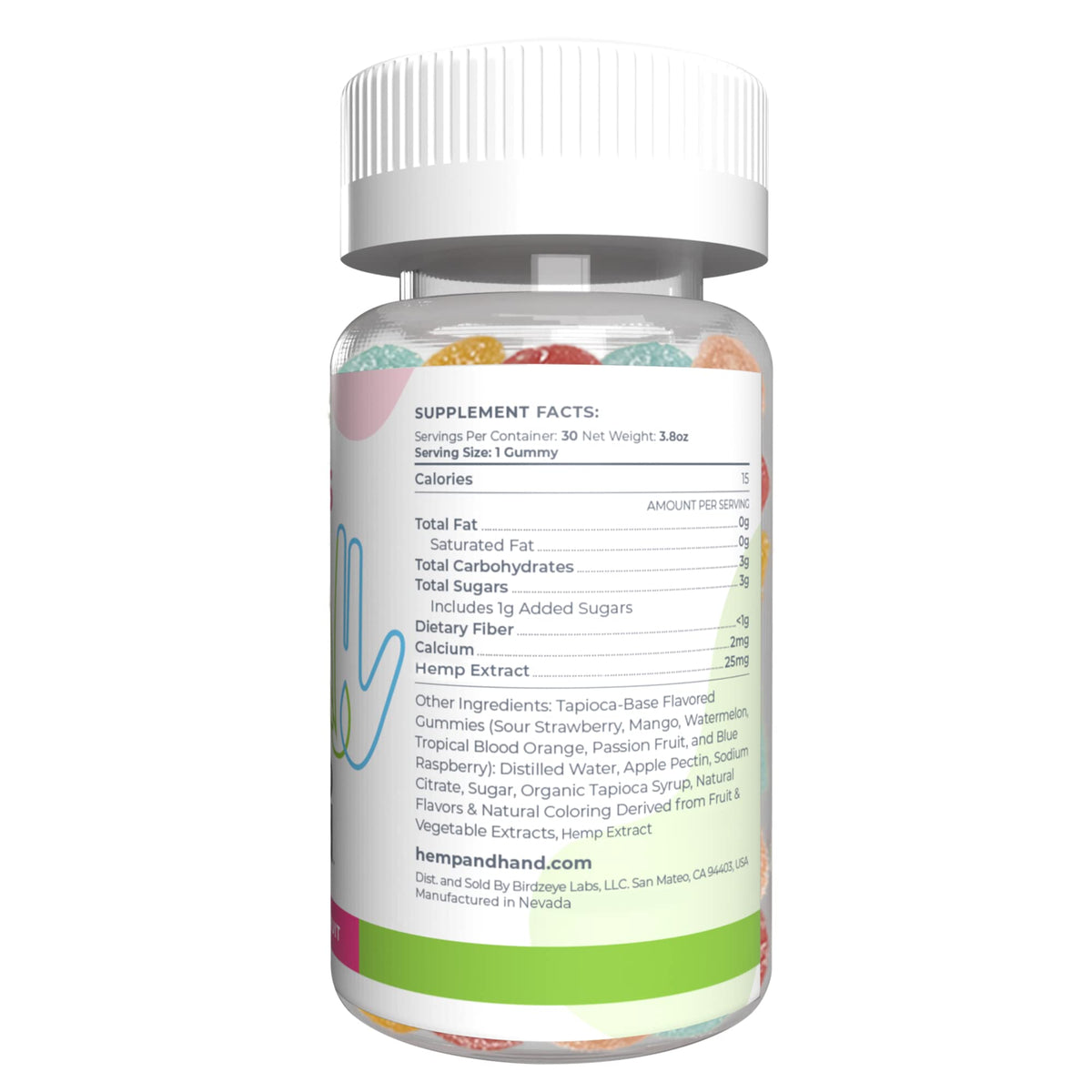 Emballage des Gummies au Chanvre 750mg Hemp & Hand avec informations nutritionnelles