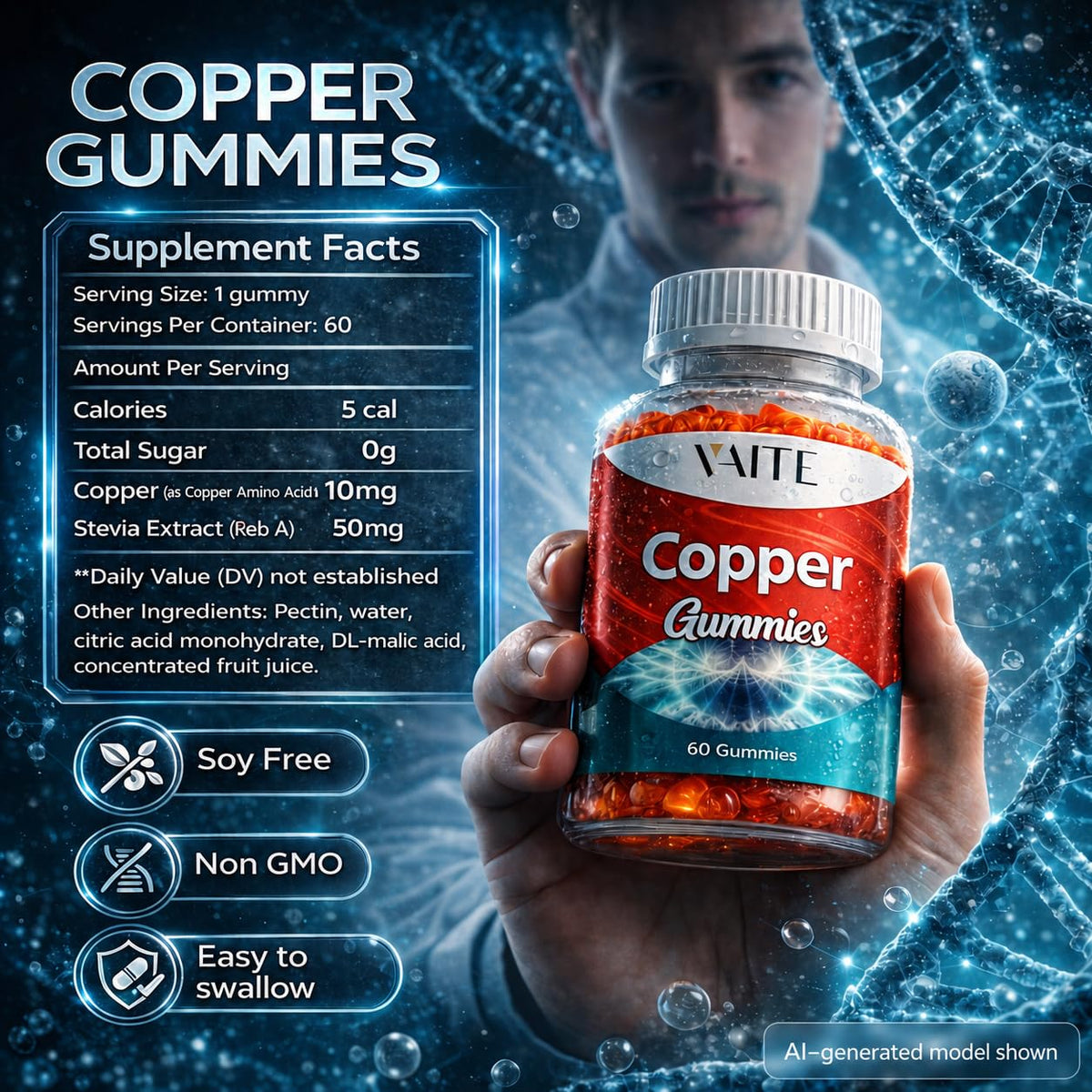 Emballage des gummies au cuivre VAITE avec informations nutritionnelles