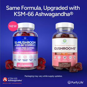 Emballage des gummies champignons Purify Life avec Ashwagandha