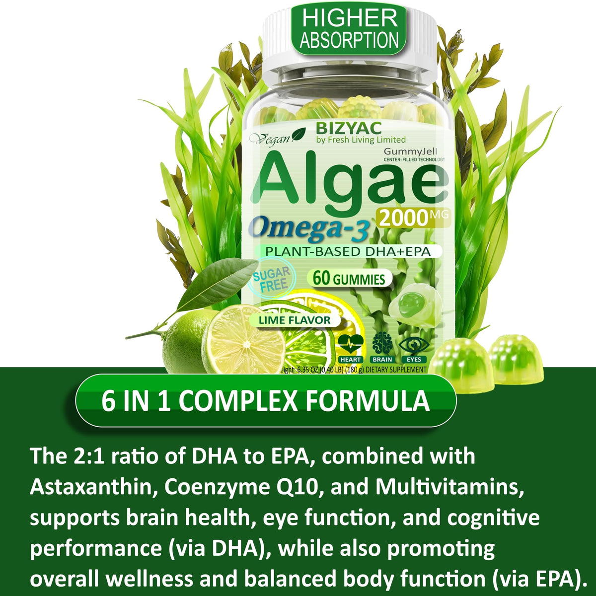 Emballage des Gummies d'Algues Omega 3 BIZYAC sur un fond blanc