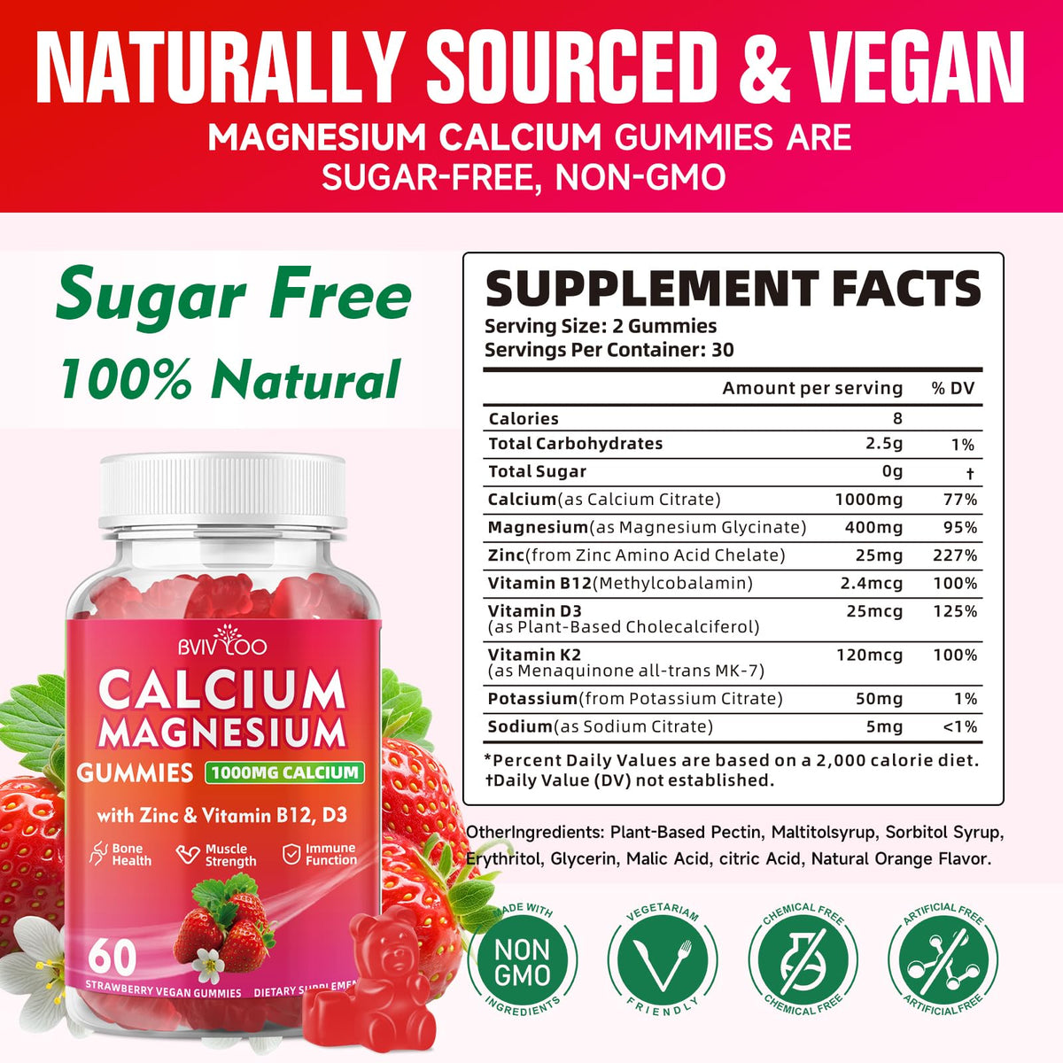 Emballage des gummies de Calcium BVIVLOO, 120 pièces