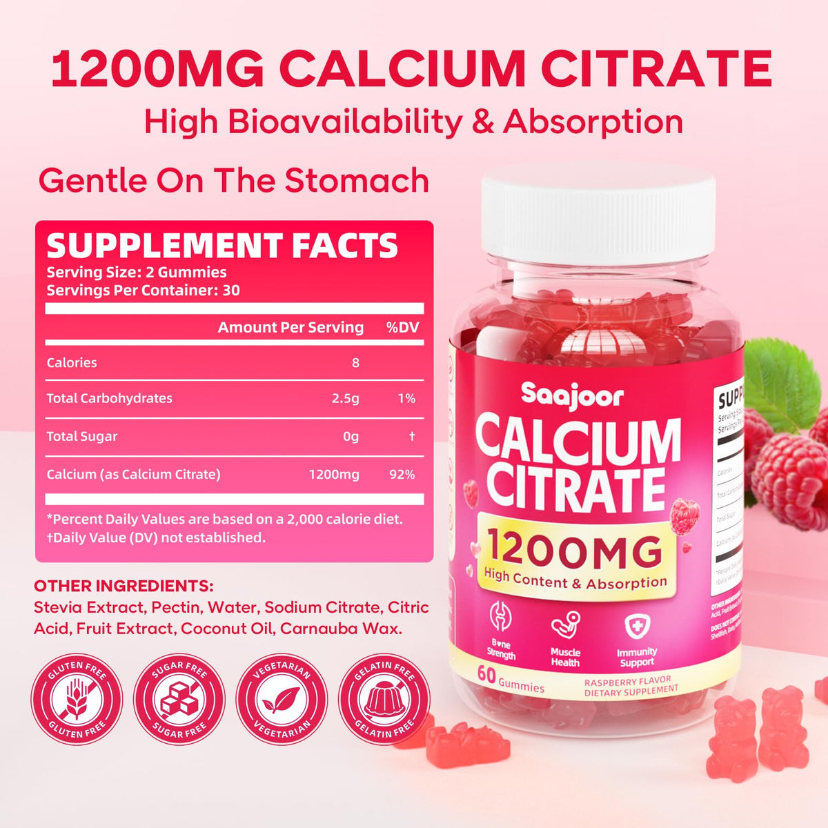 Emballage des gummies de calcium citrate Saajoor, 120 unités