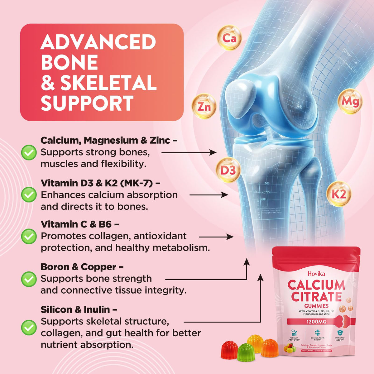 Emballage des Gummies de Calcium Hovika 1200mg avec informations nutritionnelles