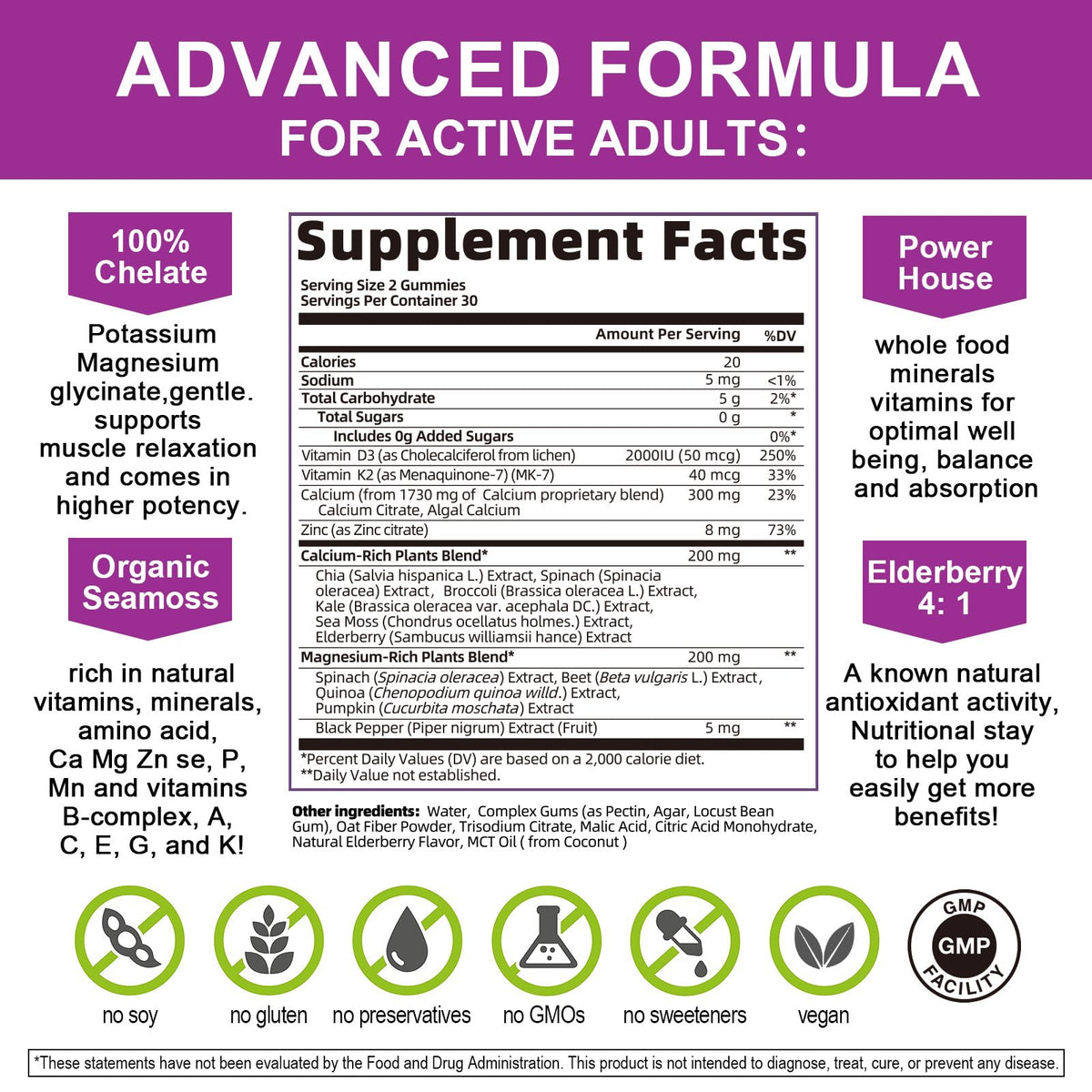 Emballage des gummies de calcium Mulittea avec informations nutritionnelles