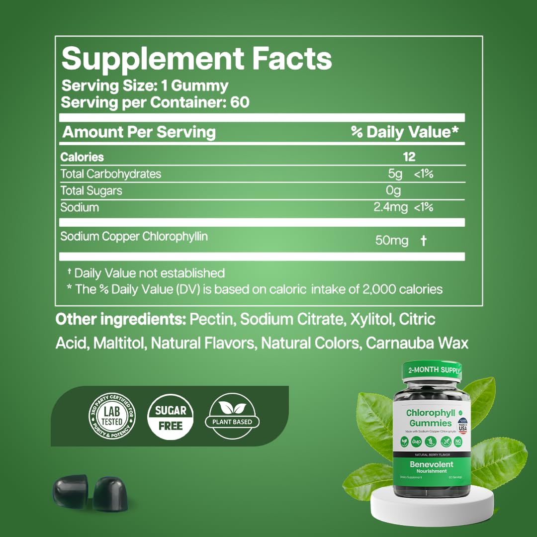 Emballage des gummies de chlorophylle Benevolent, côté