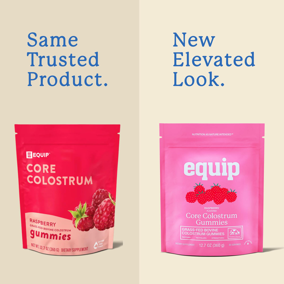 Emballage des gummies de colostrum bovin Equip, goût framboise