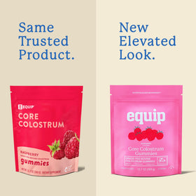 Emballage des gummies de colostrum bovin Equip, goût framboise