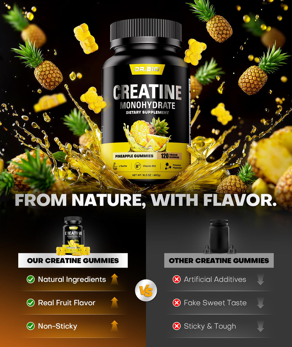 Emballage des gummies de créatine DR.BIO avec dimensions