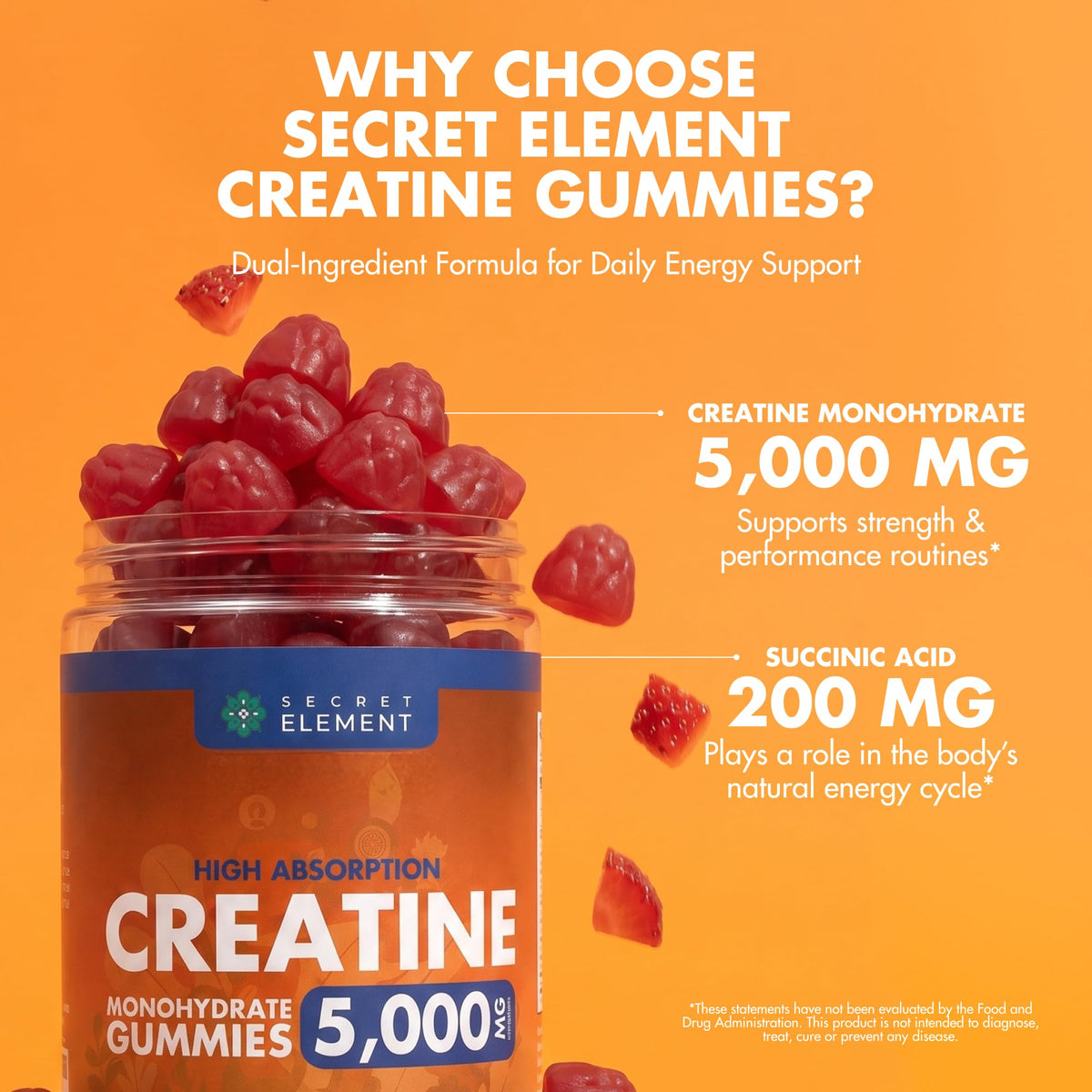 Emballage des gummies de créatine Secret Element avec informations nutritionnelles