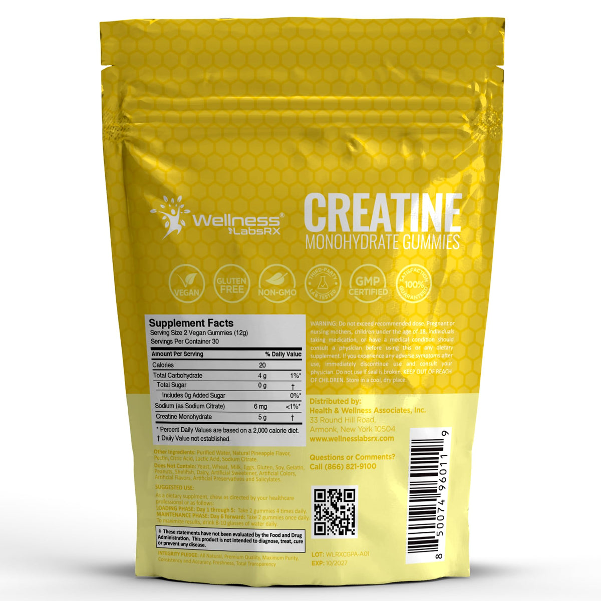 Emballage des Gummies de créatine WELLNESS LABSRX, côté