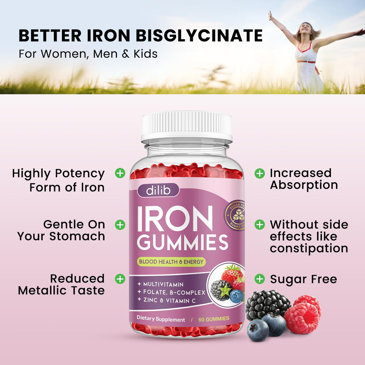 Emballage des gummies de fer dilib avec informations nutritionnelles
