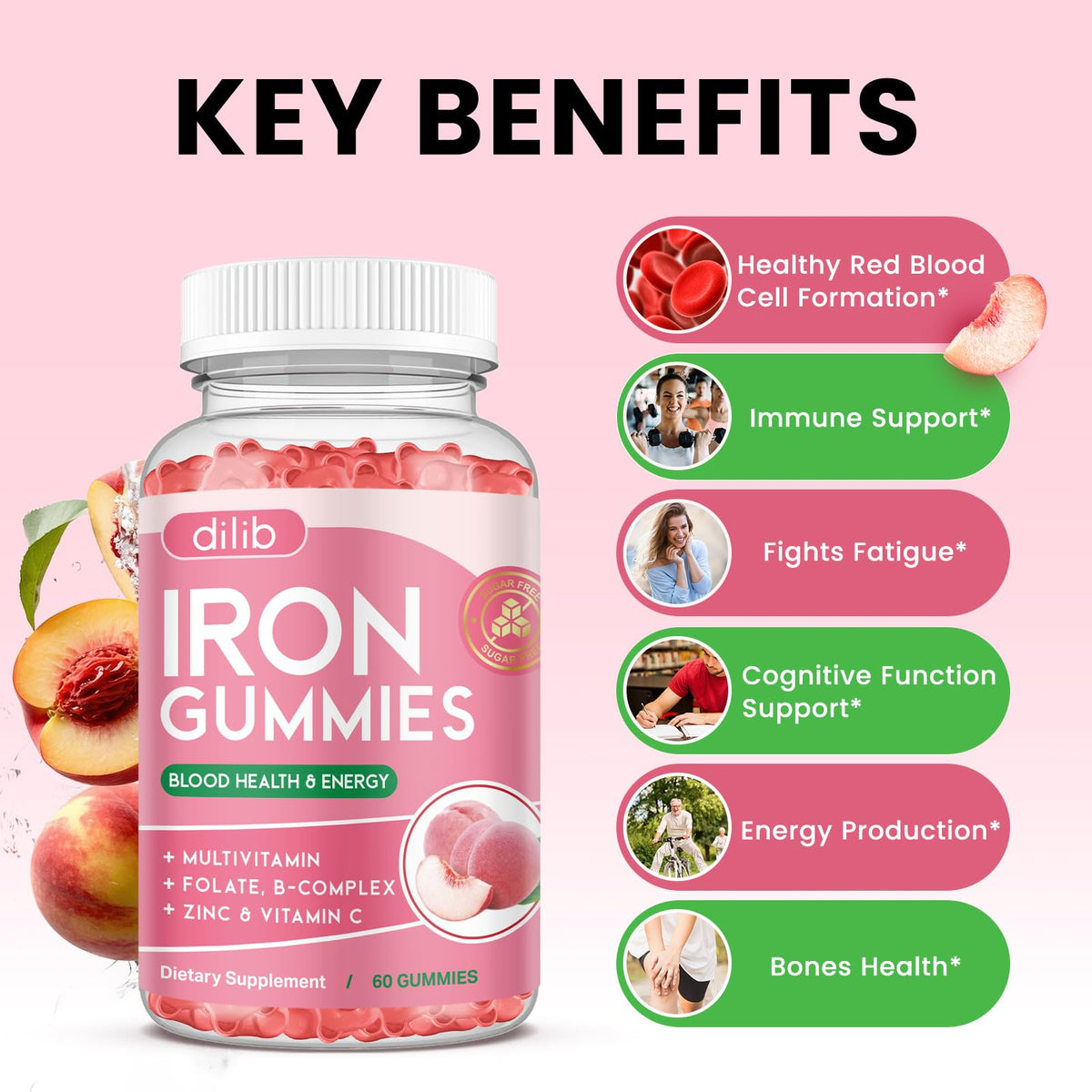 Emballage des gummies de fer Dilib avec informations nutritionnelles