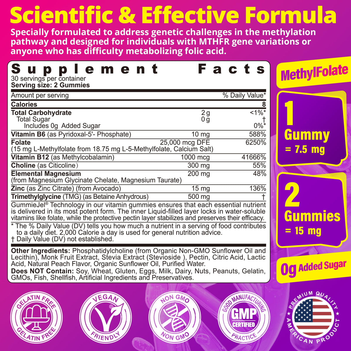 Emballage des gummies de L-Méthylfolate 15mg et B12 1000 mcg de LILICARE