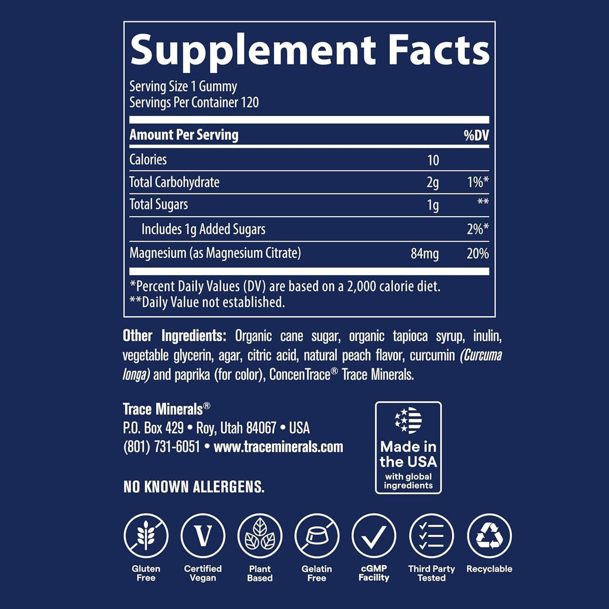 Emballage des Gummies de Magnésium à la Pêche Trace Minerals