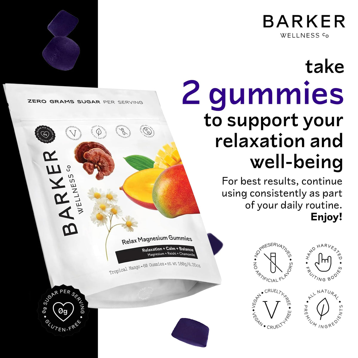 Emballage des gummies de magnésium Barker Wellness Co, 60 pièces