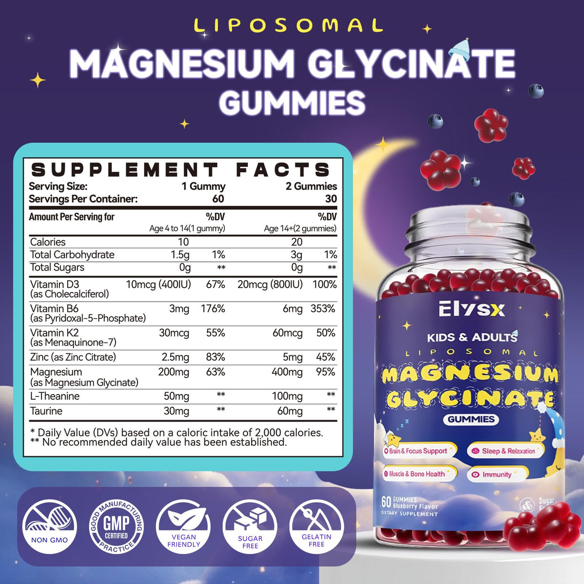 Emballage des gummies de magnésium bisglycinate Elysx, 400mg, 60 pièces