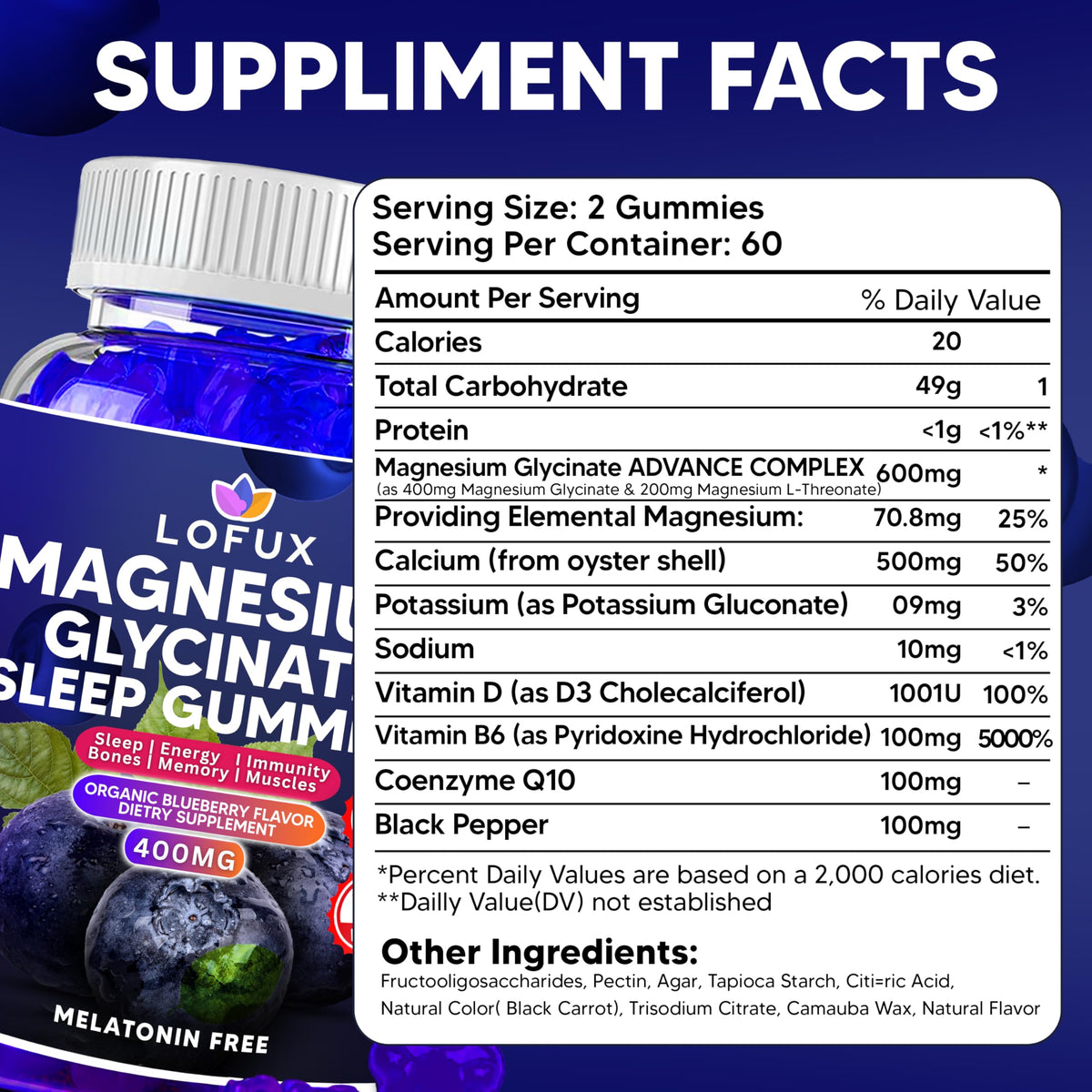 Emballage des Gummies de Magnésium Glycinate Lofux avec myrtille