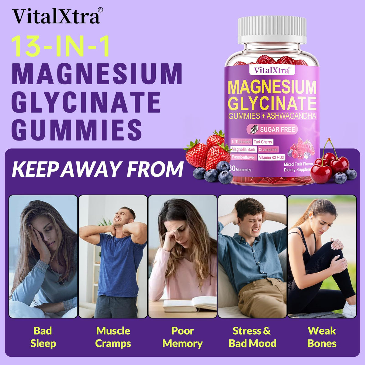 Emballage des gummies de magnésium glycinate VitalXtra, informations nutritionnelles