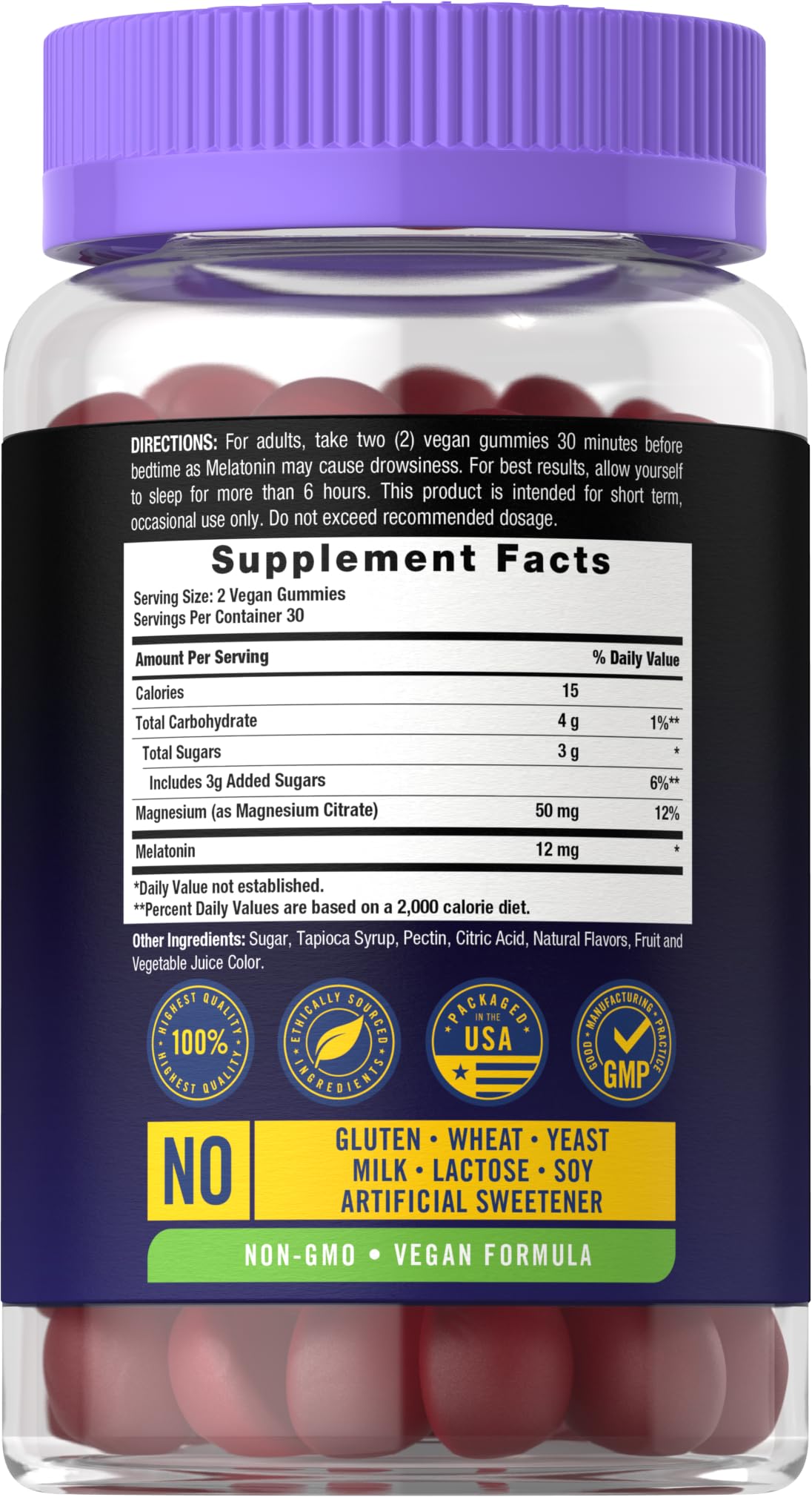 Emballage des Gummies de Mélatonine Carlyle 12mg - informations nutritionnelles