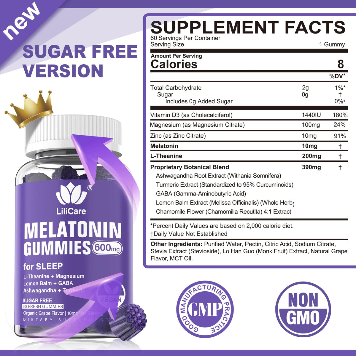 Emballage des Gummies de Mélatonine LILICARE avec ingrédients