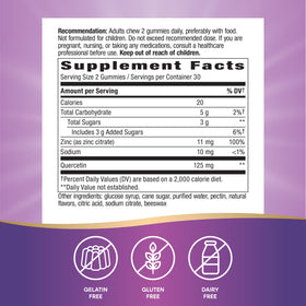 Emballage des Gummies de Quercétine avec Zinc de Nature's Way, informations nutritionnelles