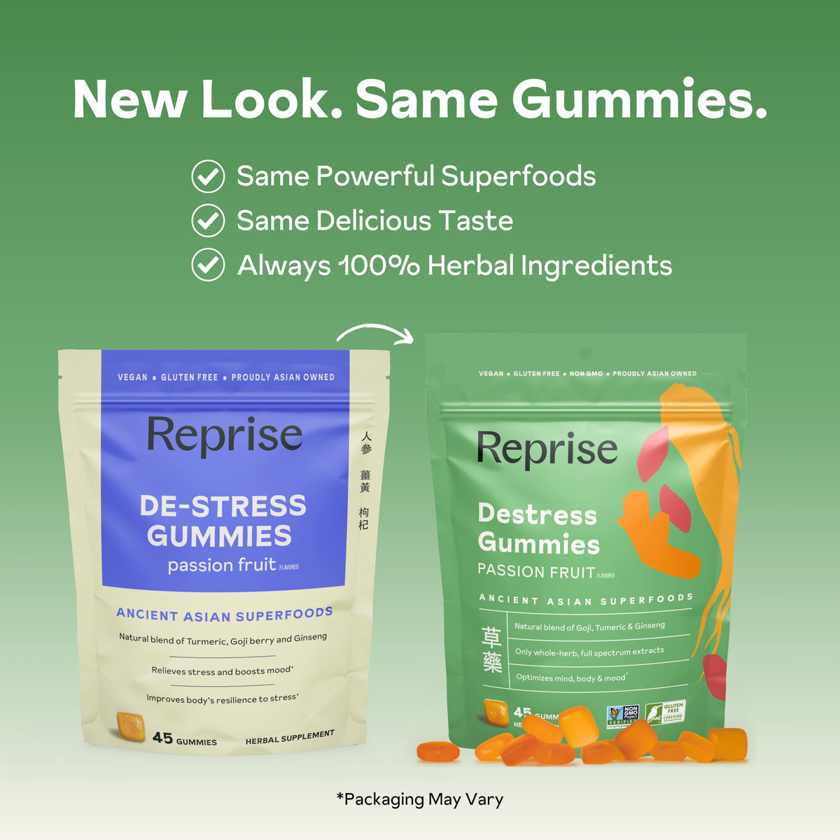 Emballage des gummies déstressantes Reprise avec détails des ingrédients