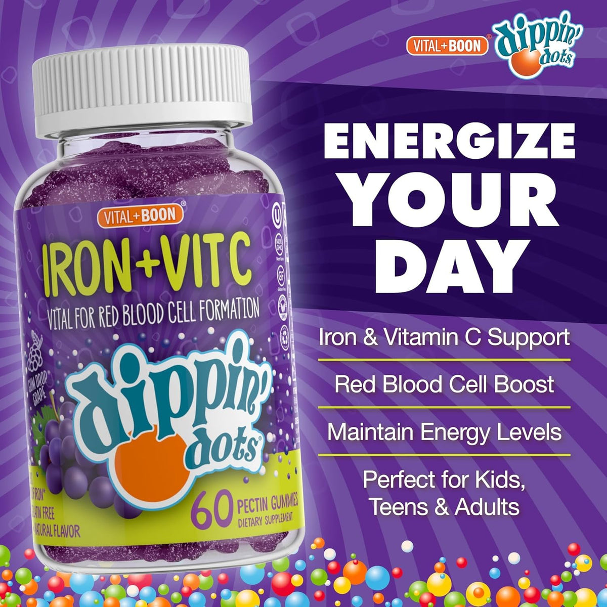 Emballage des gummies Dippin' Dots avec informations nutritionnelles