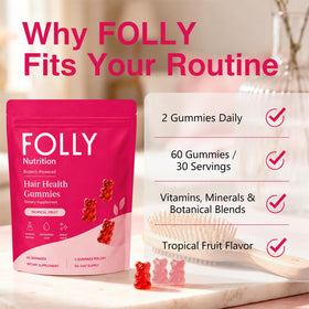 Emballage des gummies Folly Nutrition, dimensions et informations