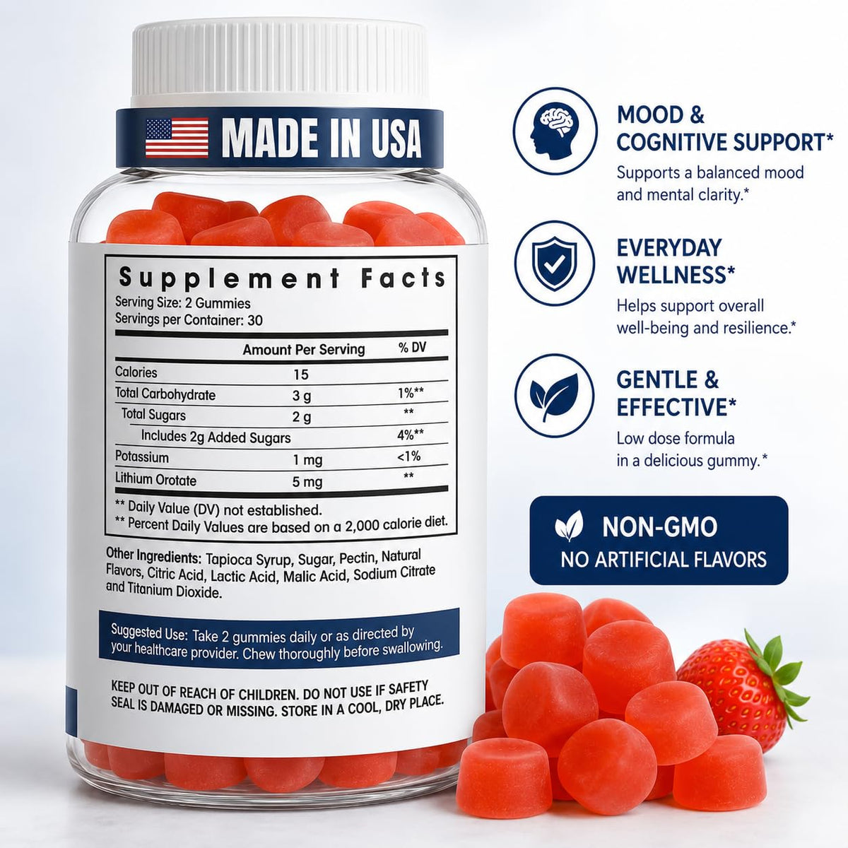 Emballage des Gummies Lithium Orotate 5mg Flamingo Supplements
