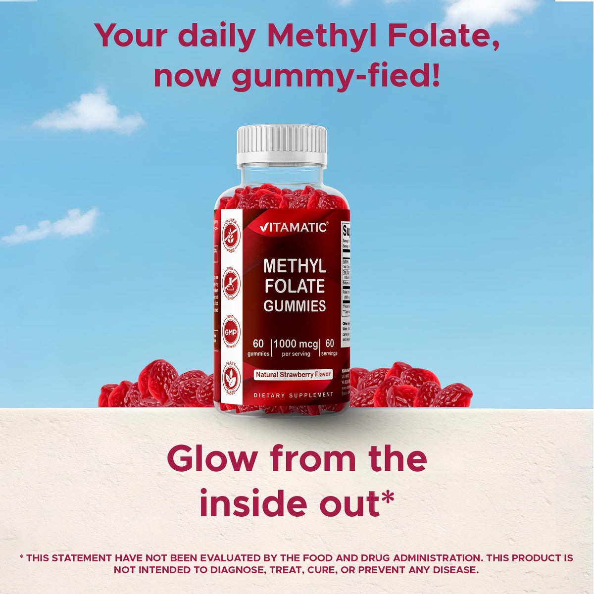Emballage des Gummies Méthylfolate Vitamatic avec informations nutritionnelles