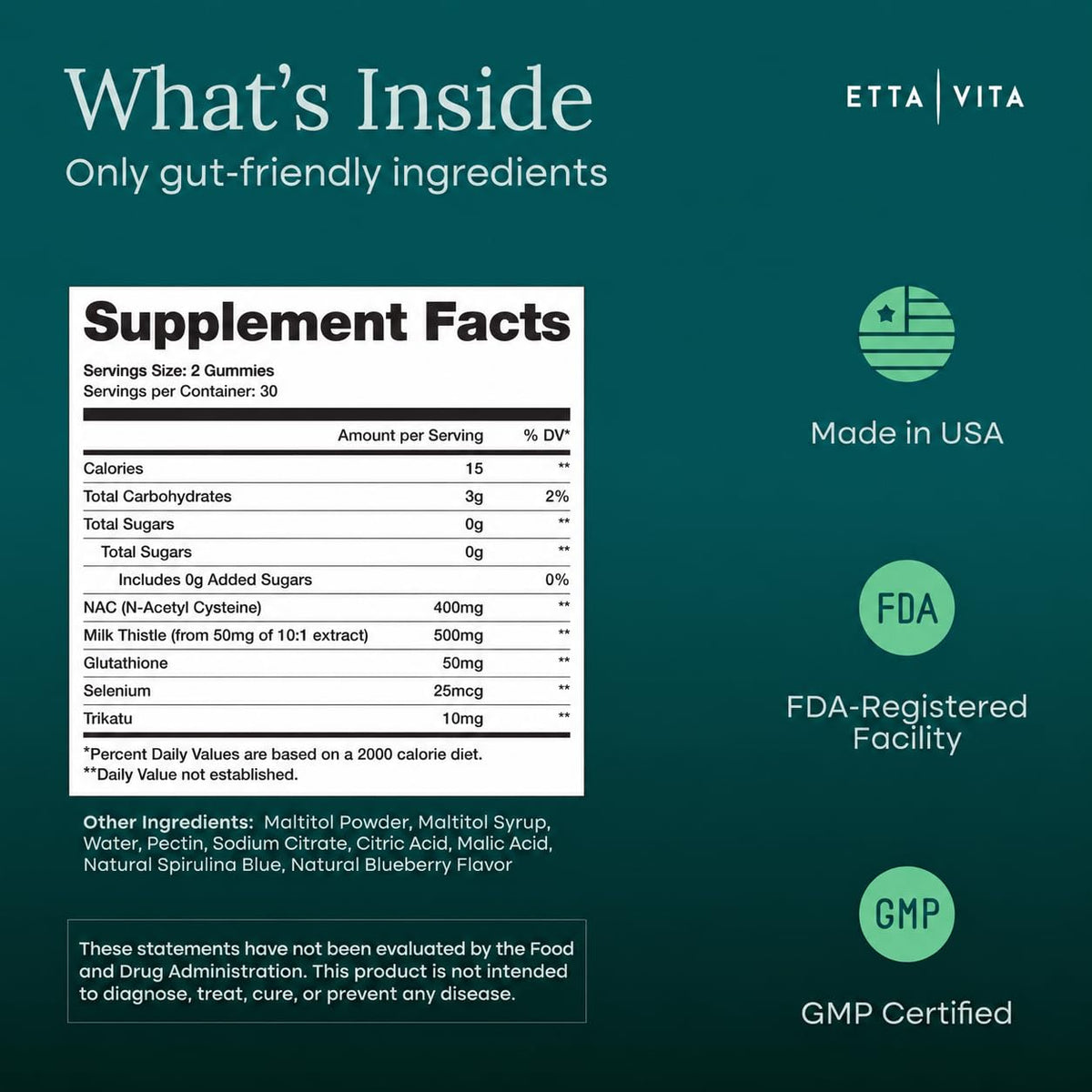 Emballage des gummies NAC Etta Vita avec informations nutritionnelles