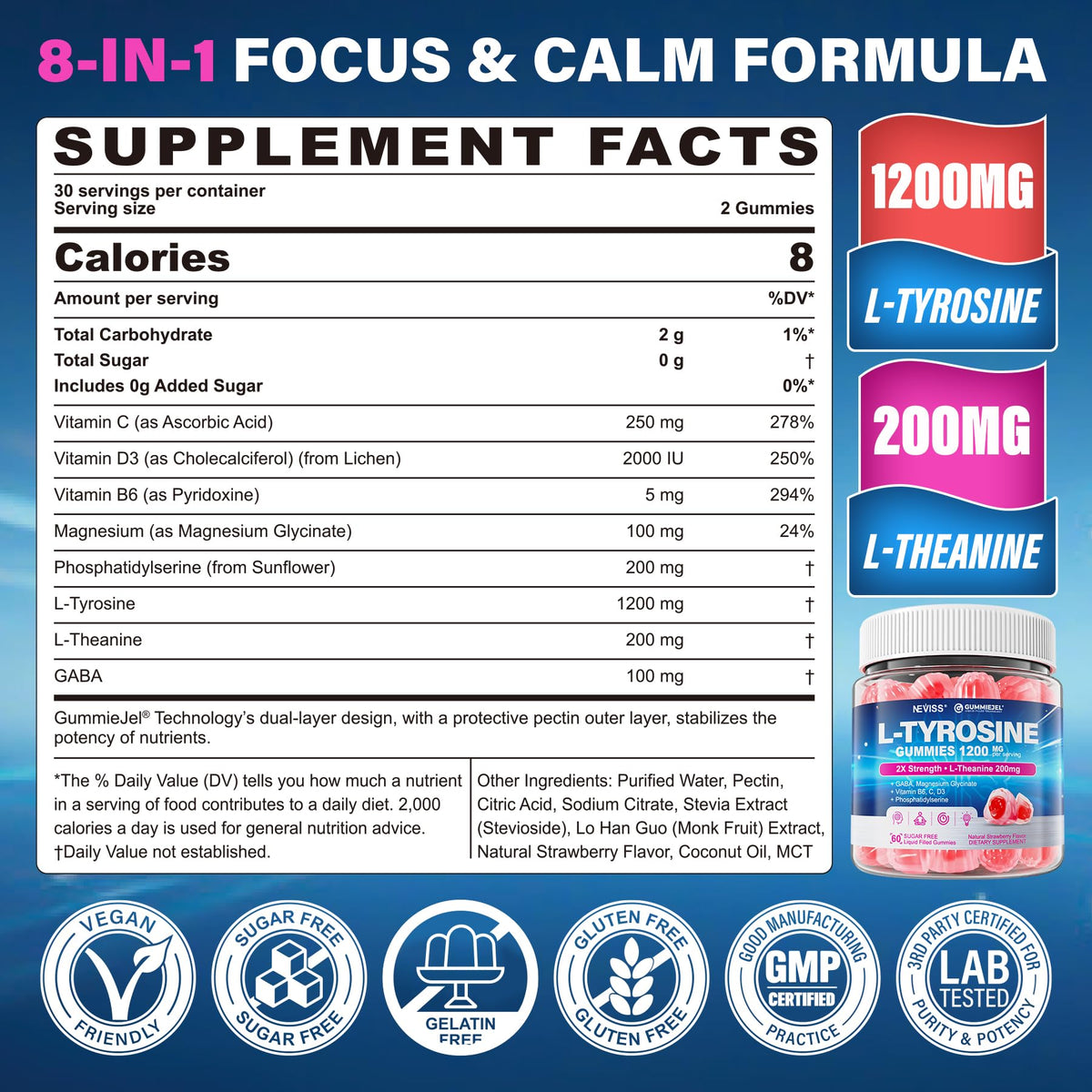 Emballage des gummies NEVISS L-Tyrosine et L-Theanine