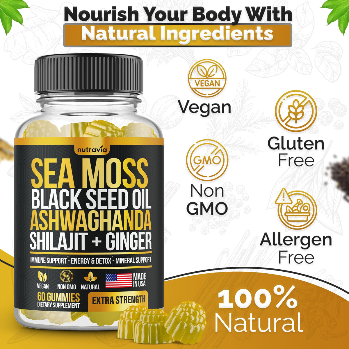 Emballage des gummies Nutravia avec ingrédients naturels
